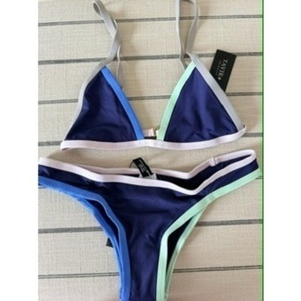 Tavik Swimwear Women XS Colorblock Triangle Bikini Set Navy Blue Mint NWT